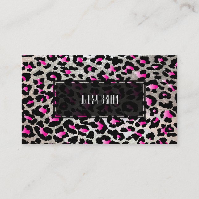 PixDezines leopard/electric pink/faux silver Business Card (Front)