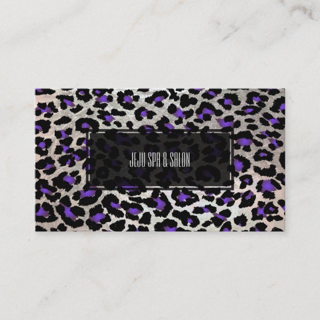 PixDezines leopard/electric purple/faux silver Business Card (Front)