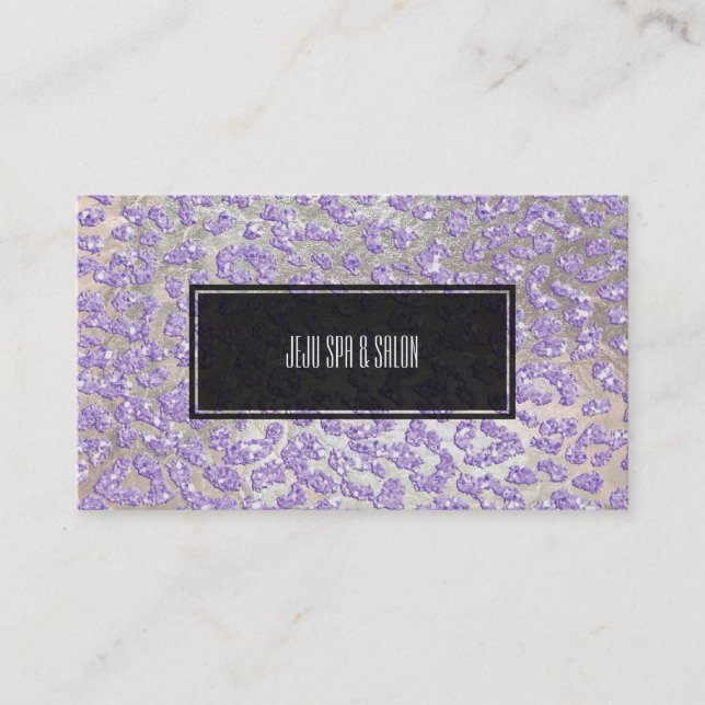 PixDezines leopard/lilac/faux glitter+silver Business Card (Front)