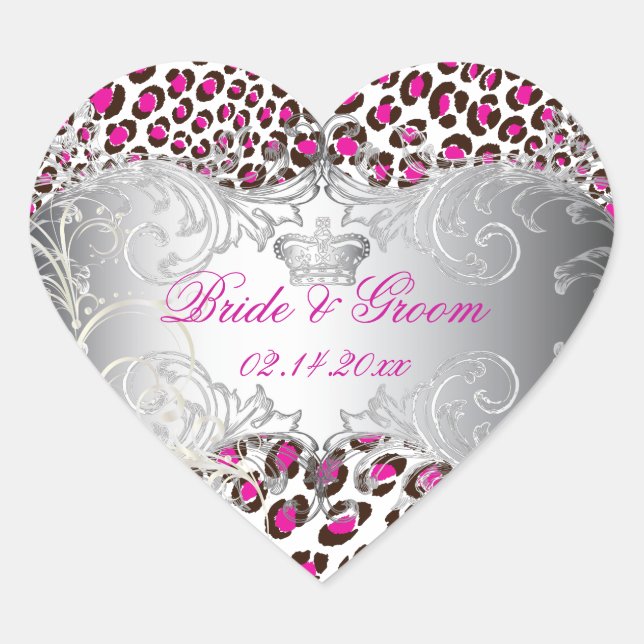 PixDezines Leopard+pearl swirls/magenta Heart Sticker (Front)