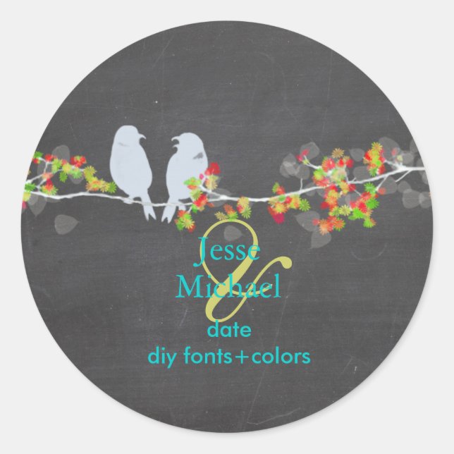 PixDezines Love Birds Chalkboard Classic Round Sticker (Front)
