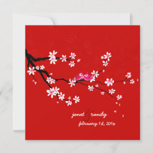 PixDezines Love birds/red cherry/sakura blossoms Invitation