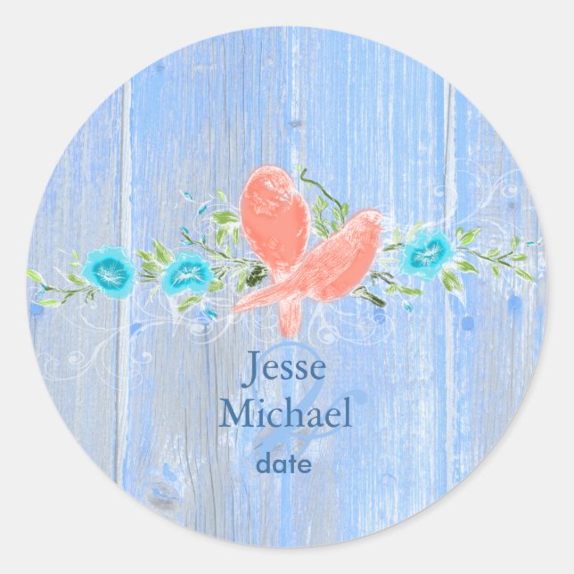 PixDezines love birds+rustic blue wood panels Classic Round Sticker (Front)