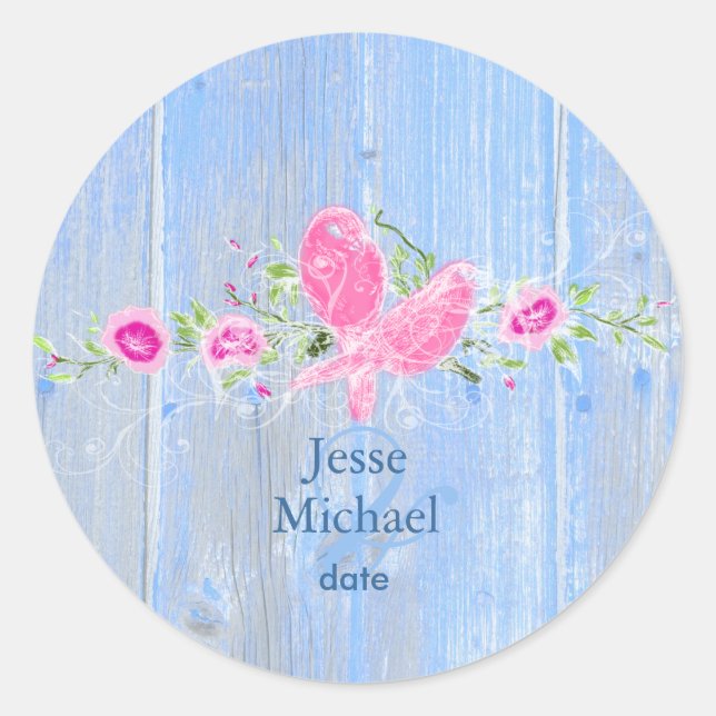 PixDezines love birds+rustic blue wood panels Classic Round Sticker (Front)