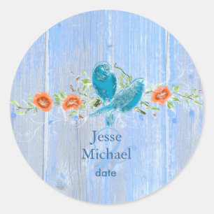 PixDezines love birds+rustic blue wood panels Classic Round Sticker