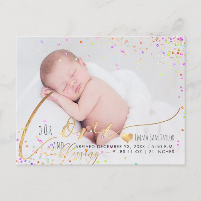 PixDezines Love Birth Announcement/Confetti Announcement Postcard (Front)