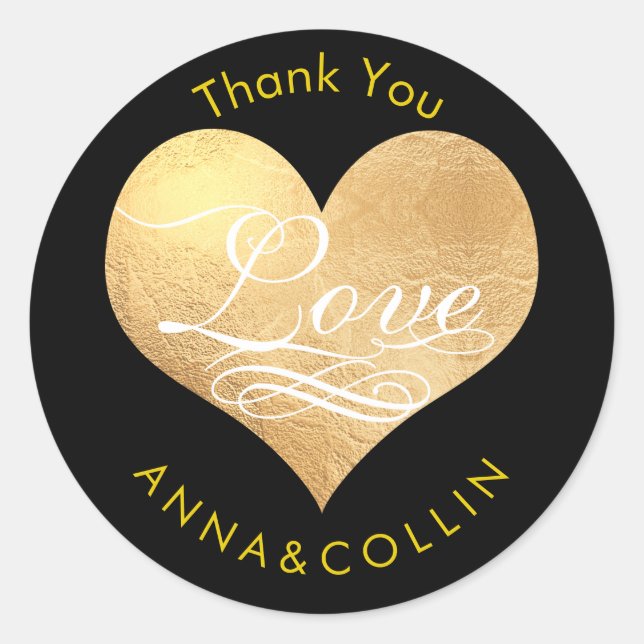 PixDezines Love/Faux Foil Gold Heart/Thank You Classic Round Sticker (Front)
