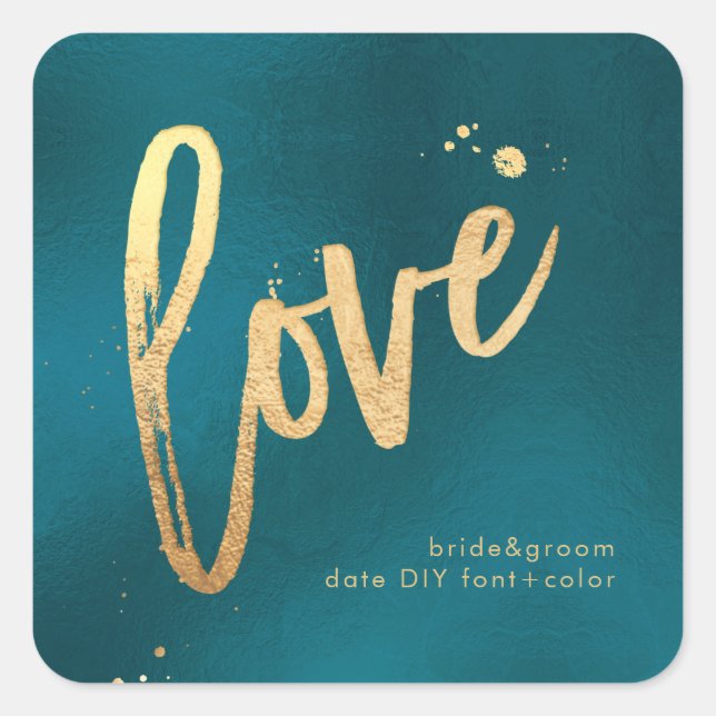 PixDezines Love, faux gold Teal Square Sticker (Front)
