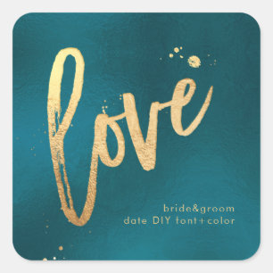 PixDezines Love, faux gold Teal Square Sticker