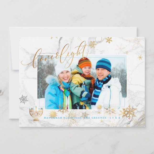PixDezines Love+Light Hannukkah/snowflakes+marble Holiday Card (Front)