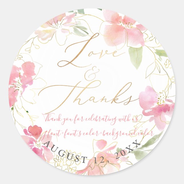 PixDezines Love+Thanks, Floral Watercolor, Blush Classic Round Sticker (Front)