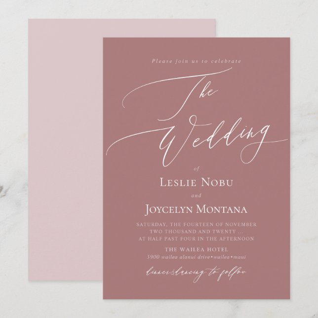 PixDezines Luxe Calligraphy Dusty Rose Wedding Invitation (Front/Back)
