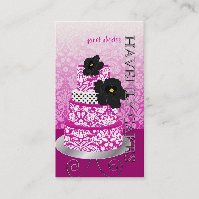 PixDezines Magenta+White damask cake/pâtisserie Business Card (Front)