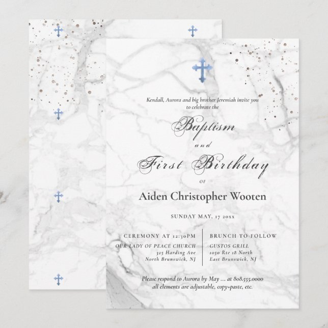 PixDezines Marble Blue Cross Baptism 1st Birthday Invitation (Front/Back)