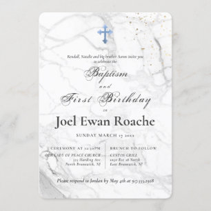 PixDezines Marble Blue Cross Baptism 1st Birthday Invitation