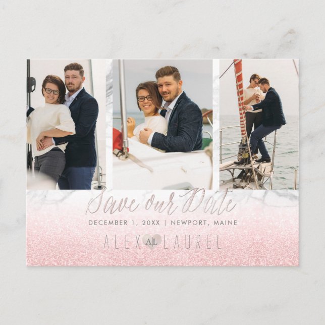 PixDezines Marble+Blush Pink Save the Date Postcard (Front)