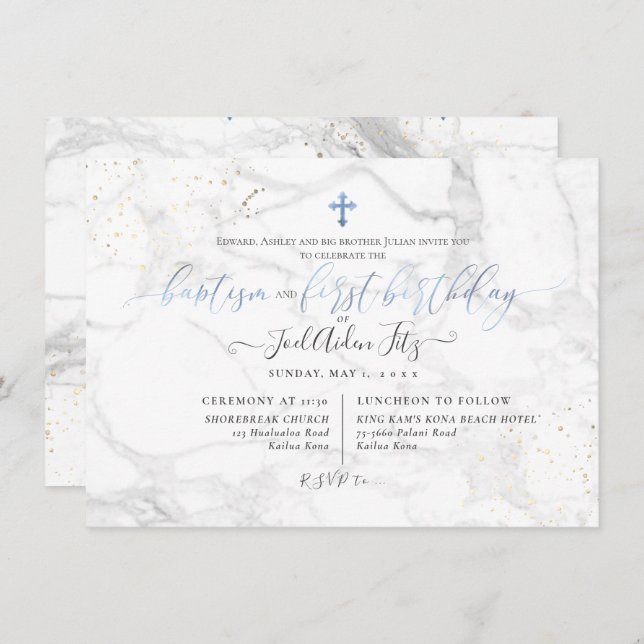PixDezines Marble Cross Baptism 1st Birthday Invitation (Front/Back)