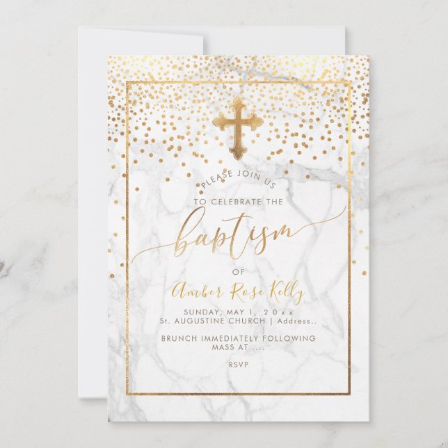 PixDezines Marble+Faux Gold Confetti/Baptism Invitation (Front)