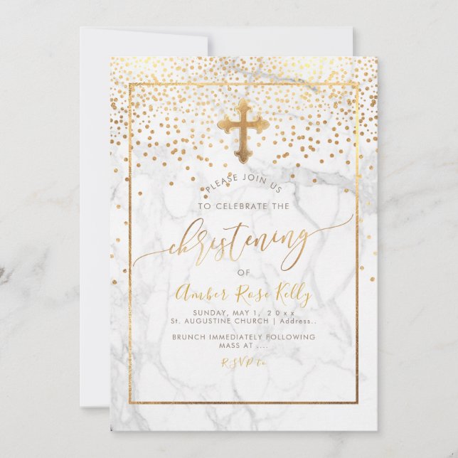 PixDezines Marble+Faux Gold Confetti/Christening Invitation (Front)