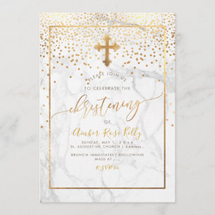 PixDezines Marble+Faux Gold Confetti/Christening Invitation