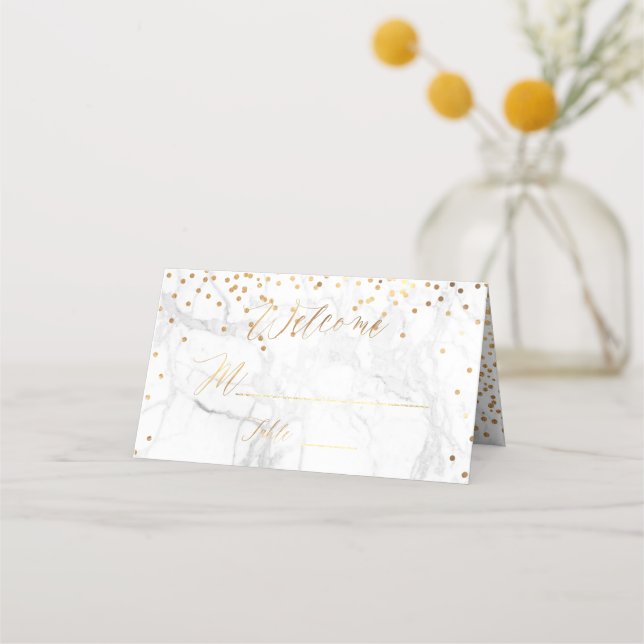 PixDezines Marble Faux Gold Confetti Place Card (Front)