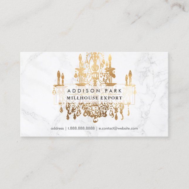 PixDezines marble faux gold crystal chandelier Business Card (Front)