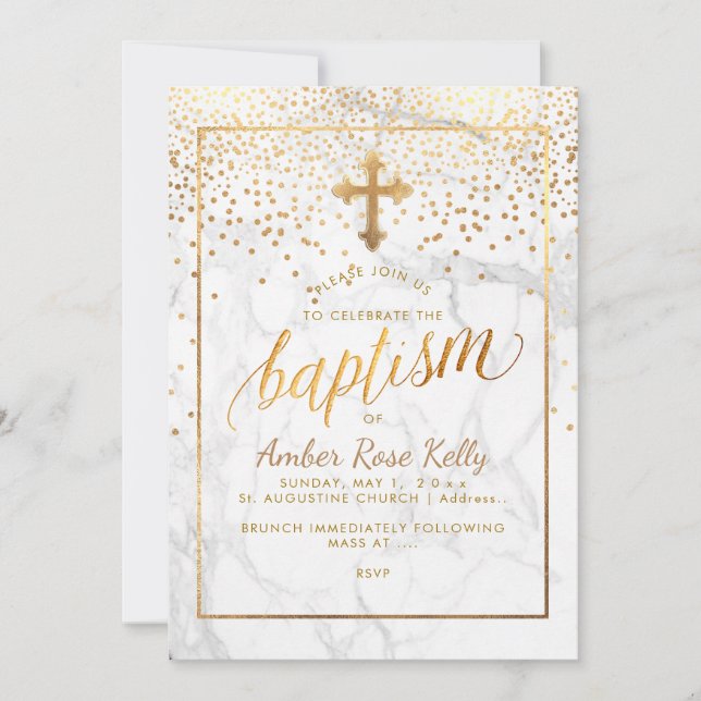 PixDezines Marble+Faux Gold Dots/Baptism Invitation (Front)
