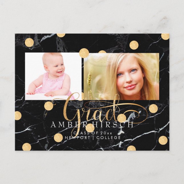 PixDezines Marble/Faux Gold Dots Graduate photos Invitation Postcard (Front)