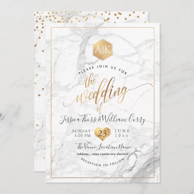 PixDezines Marble+Faux Gold Monogram Honeycomb Invitation (Front/Back)
