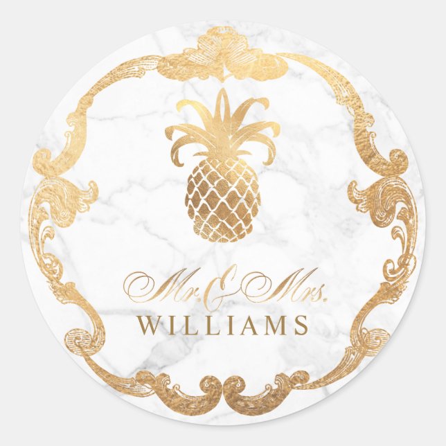 PixDezines Marble+Faux Gold Pineapple Classic Round Sticker (Front)