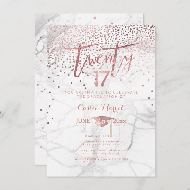 PixDezines Marble Faux Rose Gold 2017 Graduation Invitation (Front/Back)