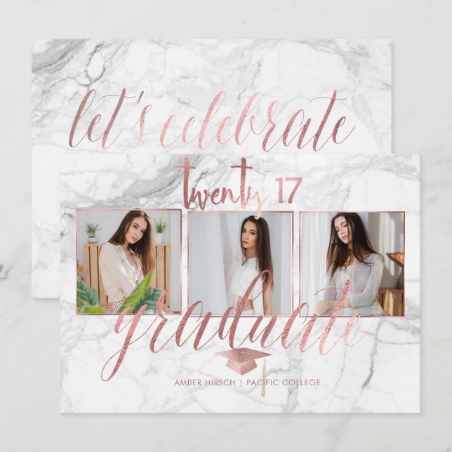 PixDezines Marble Faux Rose Gold 2017 Graduation Invitation (Front/Back)