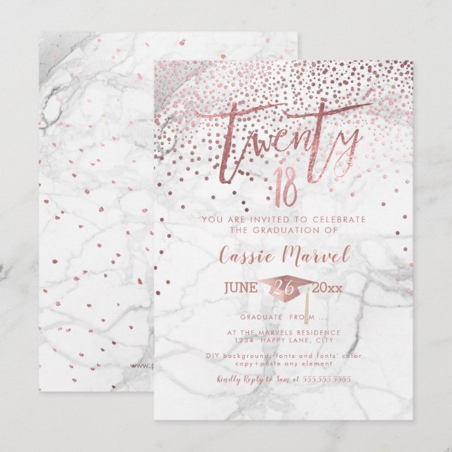 PixDezines Marble Faux Rose Gold 2018 Graduation Invitation (Front/Back)