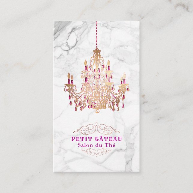 PixDezines Marble+Faux Rose Gold Chandelier Business Card (Front)