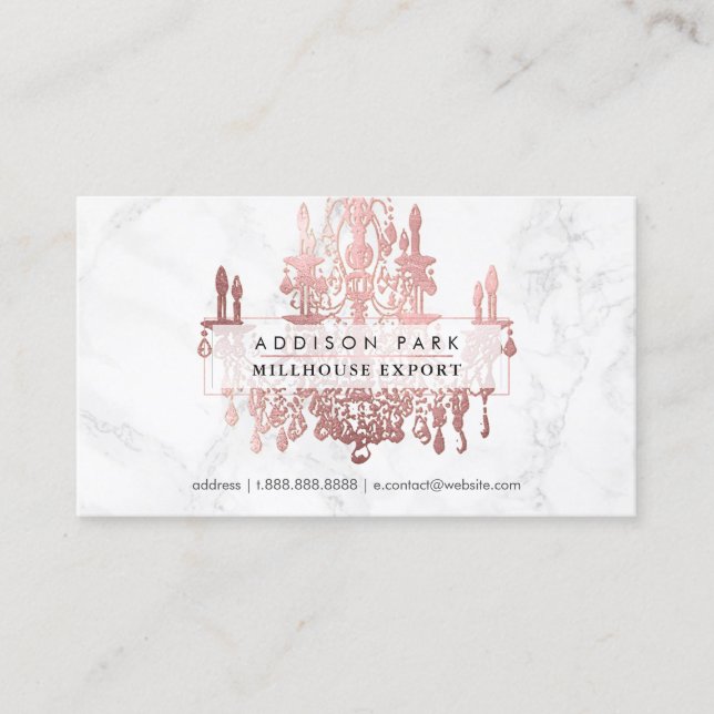 PixDezines marble faux rose gold chandelier Business Card (Front)
