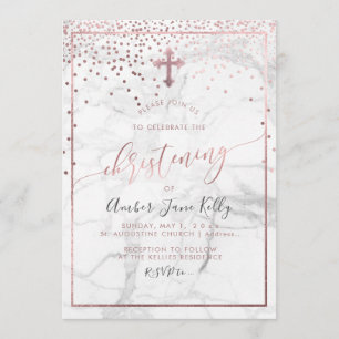 PixDezines Marble+Faux Rose Gold/Christening Invitation
