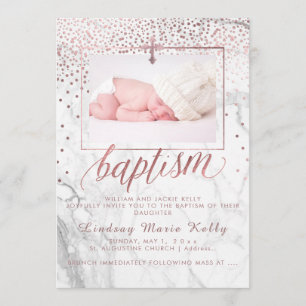 PixDezines Marble+Faux Rose Gold Confetti Baptism Invitation