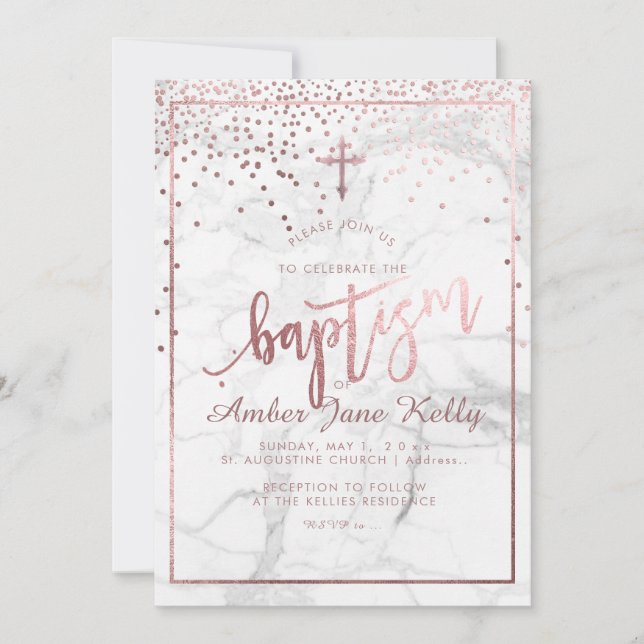 PixDezines Marble+Faux Rose Gold Dots/Baptism Invitation (Front)