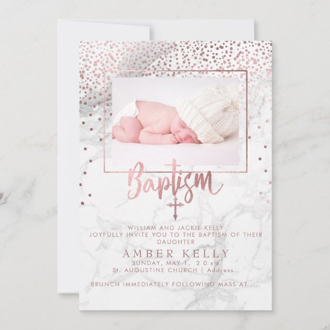 PixDezines Marble+Faux Rose Gold Dots/Baptism Invitation (Front)