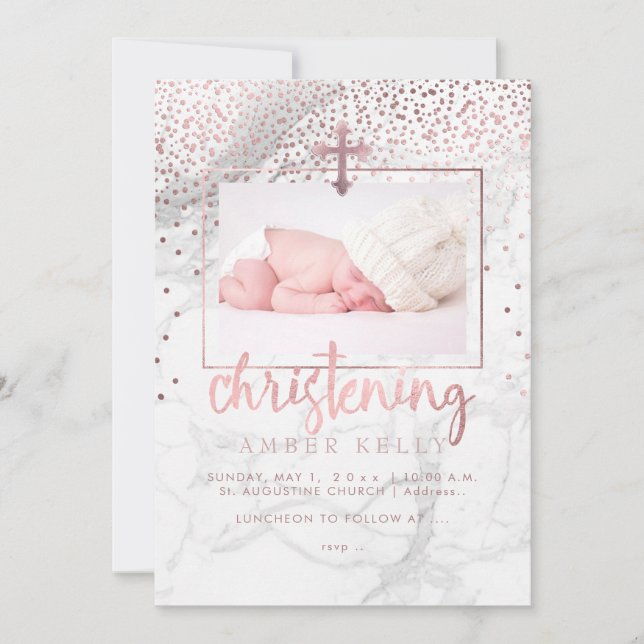 PixDezines Marble+Faux Rose Gold Dots/Christening Invitation (Front)
