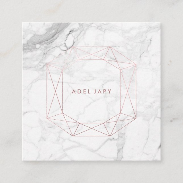 PixDezines Marble+Faux Rose Gold Emerald Cut Square Business Card (Front)