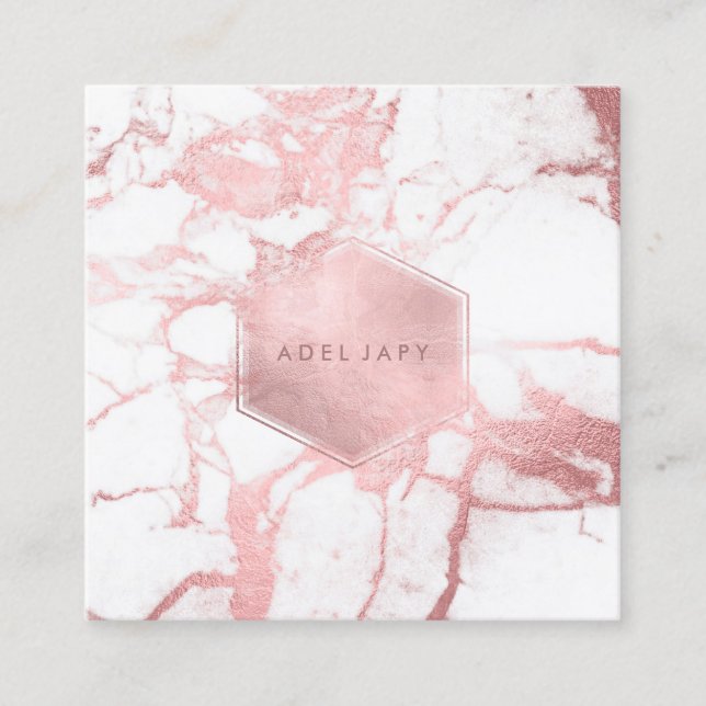 PixDezines Marble+Faux Rose Gold Veins Square Business Card (Front)