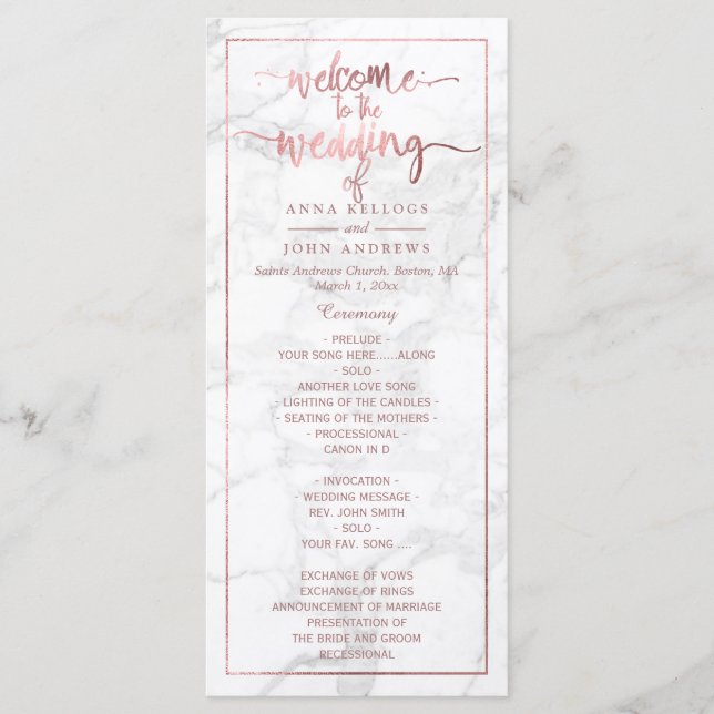 PixDezines Marble+Faux Rose Gold Wedding Program Programme (Front)