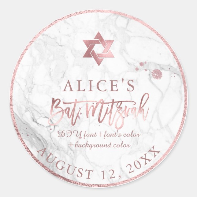 PixDezines Marble Mitzvah Stickers/Rose Gold Classic Round Sticker (Front)