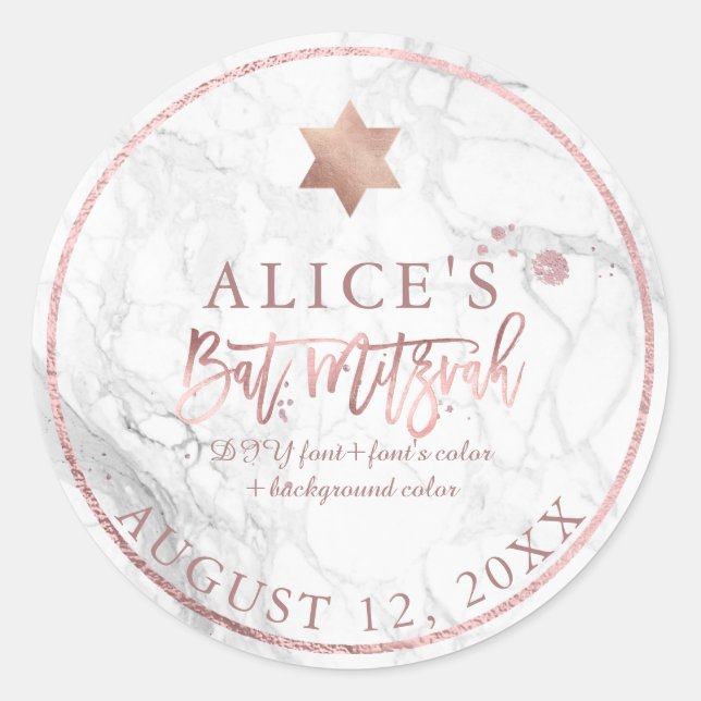 PixDezines Marble Mitzvah Stickers/Rose Gold Classic Round Sticker (Front)