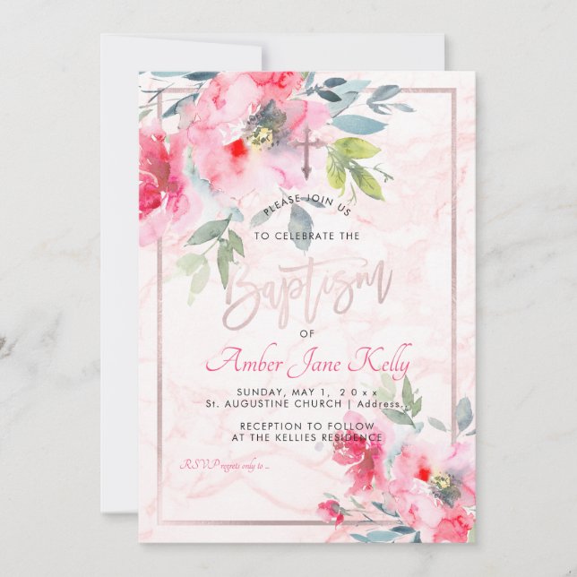 PixDezines Marble+Watercolor Flowers/Baptism Invitation (Front)