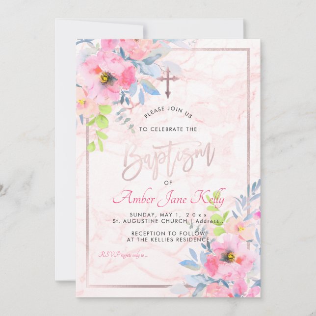 PixDezines Marble+Watercolor Flowers/Baptism Invitation (Front)