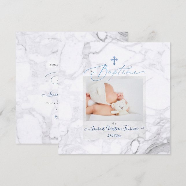 PixDezines Marbre Blanc, Baptême Bleu garçon Invitation (Front/Back)