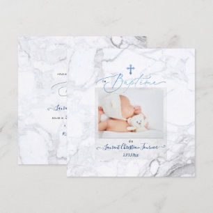 PixDezines Marbre Blanc, Baptême Bleu garçon Invitation