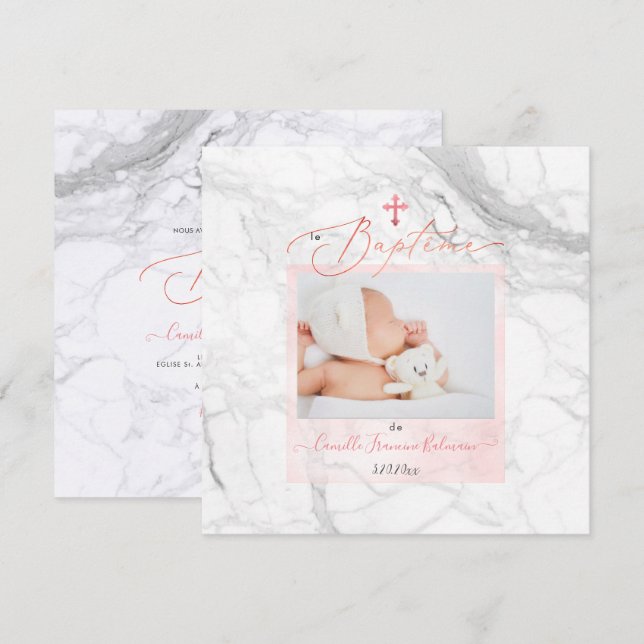 PixDezines Marbre Blanc, Baptême Fille Invitation (Front/Back)